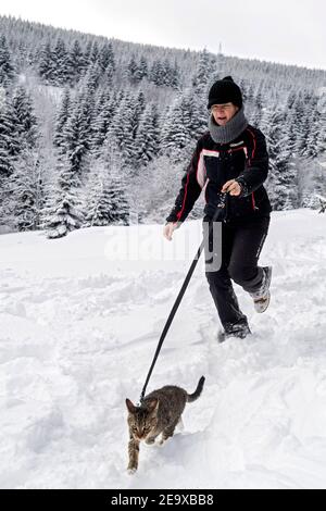 woman in snowy countryside walks the domestic tabby cat on a leash