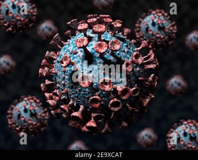 Abstract 3d render of Coronavirus - Covid-19. Mutated b117 new strain. 3D illustration Stock Photo