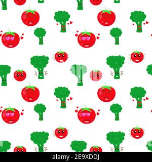 Seamless background with tomatoes and broccoli. Vector vegetables symbols, repeating pattern. Background for packaging, children s illustration. Stock Vector