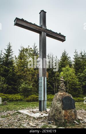 Summit cross on top of Langenberg. It is the highest mountain in the Rothaar Mountains and in North Rhine-Westphalia state, Germany Stock Photo