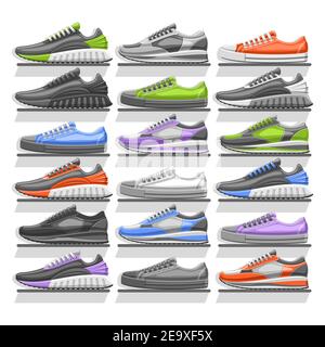 Vector Sneakers Set, 18 cut out illustrations of variety multi colored, black and white sports and urban style sneakers - side view, group of men and Stock Vector