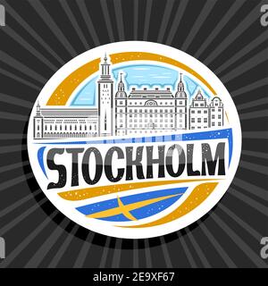 Vector logo for Stockholm, white decorative tag with outline illustration of stockholm city scape on day sky background, art design tourist fridge mag Stock Vector
