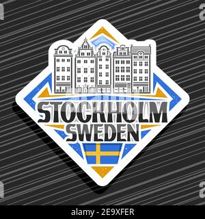 Vector logo for Stockholm, white rhombus road sign with line illustration of stockholm city scape on day sky background, decorative fridge magnet with Stock Vector