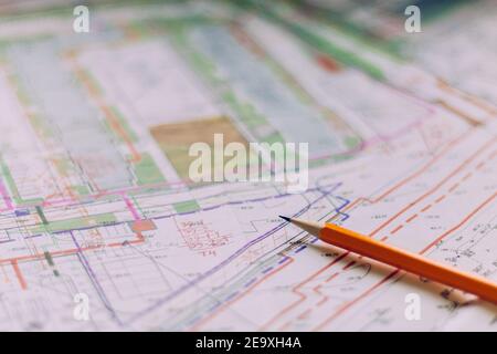 The architectural design. Construction plans. Diagram, drawings, detailed plan for the construction of the structure. Selective Focus. Stock Photo