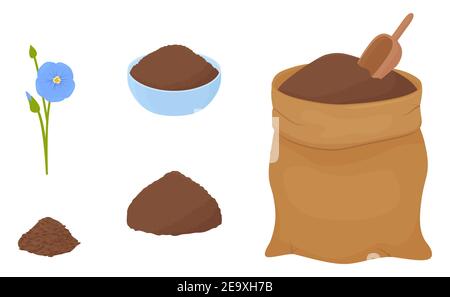 Flax flour heap in blue bowl and brown fabric bag isolated on white background. Healthy eating natural ingredient. Cartoon vector illustration. Stock Vector