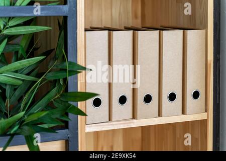 Ring Binders, File archive office shelf. minimalistic design concept. Stock Photo