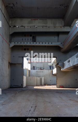 Inside ship being broken up, Gadani ship-breaking yard, located across a 10 km long beachfront, Balochistan, Pakistan. Stock Photo