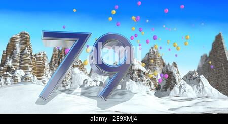 Number 79 in thick blue font on a snowy mountain with rock mountains landscape with snow and red, yellow and purple balloons flying in the background. Stock Photo