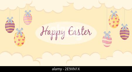 Easter poster and banner template with Easter eggs in the clouds on a pastel yellow background. Stock Vector