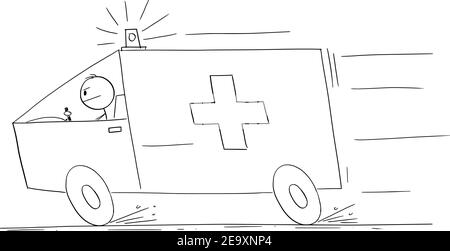 Ambulance responding to emergency, vector cartoon stick figure or character illustration. Stock Vector