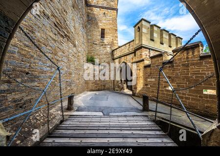 Hohenzollern Castle entrance, Germany, Europe. This castle on mountain top is famous landmark in Stuttgart vicinity, great German monument. Doorway an Stock Photo