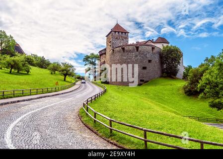 Vaduz castle in Liechtenstein, Europe. Old Royal castle is landmark of Liechtenstein and Switzerland. Landscape with medieval castle, green meadow and Stock Photo