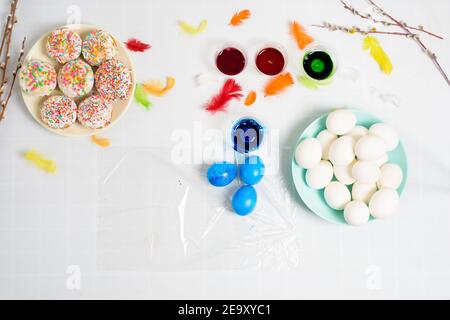 the process of coloring eggs for Easter in blue and red colors. a woman in gloves paints eggs with dye from a jar, top view, willow branches and color Stock Photo