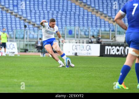 Rome, Italy. 6th Feb, 2021. Rome, Italy, Stadio Olimpico, February 06, 2021, Paolo Garbisi (Italy) kicks during Italy vs France - Rugby Six Nations match Credit: Carlo Cappuccitti/LPS/ZUMA Wire/Alamy Live News Stock Photo