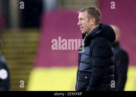 Burnley, UK. 06th Feb, 2021. Brighton & Hove Albion Manager Graham Potter looks on. Premier League match, Burnley v Brighton & Hove Albion at Turf Moor in Burnley, Lancs on Saturday 6th February 2021. this image may only be used for Editorial purposes. Editorial use only, license required for commercial use. No use in betting, games or a single club/league/player publications. pic by Chris Stading/Andrew Orchard sports photography/Alamy Live news Credit: Andrew Orchard sports photography/Alamy Live News Stock Photo