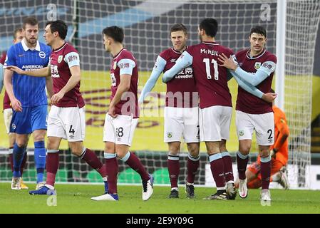 Burnley, UK. 06th Feb, 2021. Johann Gudmundsson of Burnley (c) celebrates with his teammates after scoring his teams 1st goal. Premier League match, Burnley v Brighton & Hove Albion at Turf Moor in Burnley, Lancs on Saturday 6th February 2021. this image may only be used for Editorial purposes. Editorial use only, license required for commercial use. No use in betting, games or a single club/league/player publications. pic by Chris Stading/Andrew Orchard sports photography/Alamy Live news Credit: Andrew Orchard sports photography/Alamy Live News Stock Photo