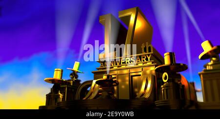 17th anniversary in thick letters on a large golden antique style building illuminated by 6 floodlights with white light on a blue sky at sunset. 3D I Stock Photo