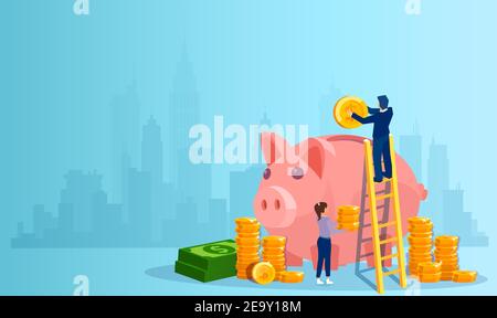 Vector of a man and a woman depositing money in a piggy bank on a cityscape background Stock Vector