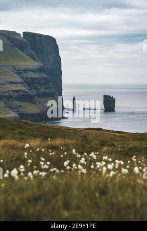 Risin and Kellingin rocks in the sea as seen from Tijornuvik bay on Streymoy on the Faroe Islands, Denmark, Europe Stock Photo