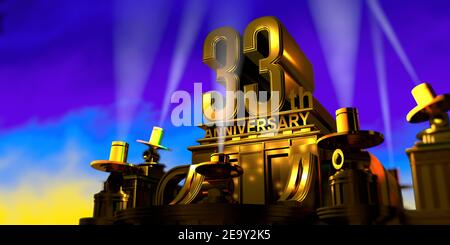 33th anniversary in thick letters on a large golden antique style building illuminated by 6 floodlights with white light on a blue sky at sunset. 3D I Stock Photo