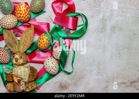 Colorful Easter Egg banner.Above view with copy space.Happy Easter decoration background,colorful hand painted decorated eggs.Festive tradition Stock Photo