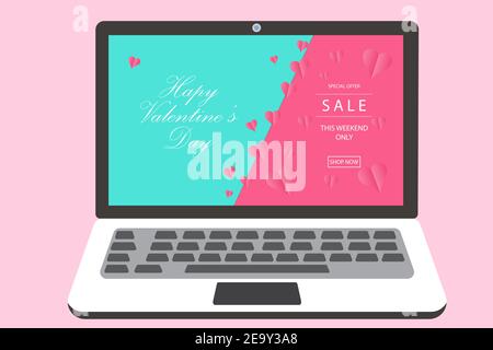 Laptop with Valentines Day holiday discount banner. Screen with hearts and pink blue background. Vector illustration in flat style Stock Vector