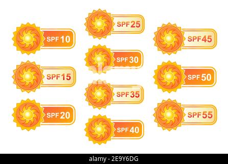 SPF sun protection icons set. Sunscreen cream or lotion. Sunblock, UV radiation protect. Safe skin suntan. Skincare cosmetic packaging label. Vector Stock Vector