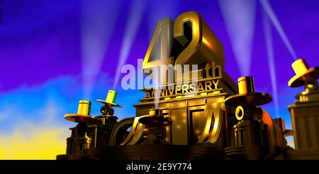 42th anniversary in thick letters on a large golden antique style building illuminated by 6 floodlights with white light on a blue sky at sunset. 3D I Stock Photo