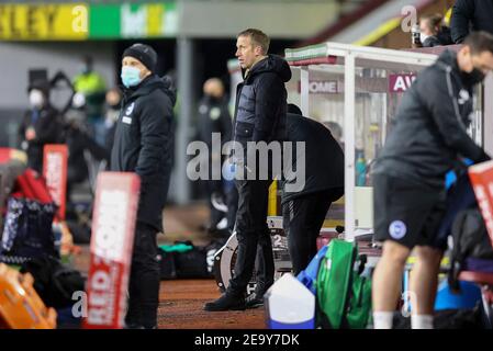 Burnley, UK. 06th Feb, 2021. Brighton & Hove Albion Manager Graham Potter looks on. Premier League match, Burnley v Brighton & Hove Albion at Turf Moor in Burnley, Lancs on Saturday 6th February 2021. this image may only be used for Editorial purposes. Editorial use only, license required for commercial use. No use in betting, games or a single club/league/player publications. pic by Chris Stading/Andrew Orchard sports photography/Alamy Live news Credit: Andrew Orchard sports photography/Alamy Live News Stock Photo