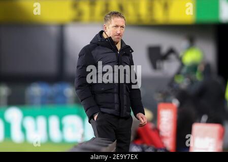 Burnley, UK. 06th Feb, 2021. Brighton & Hove Albion Manager Graham Potter looks on. Premier League match, Burnley v Brighton & Hove Albion at Turf Moor in Burnley, Lancs on Saturday 6th February 2021. this image may only be used for Editorial purposes. Editorial use only, license required for commercial use. No use in betting, games or a single club/league/player publications. pic by Chris Stading/Andrew Orchard sports photography/Alamy Live news Credit: Andrew Orchard sports photography/Alamy Live News Stock Photo