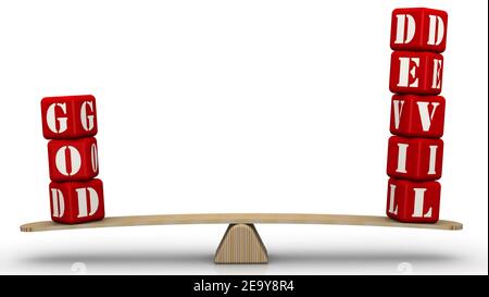 The words GOD and DEVIL (made from red cubes with letters) are weighed in the balance. The scales in the equilibrium position. Isolated Stock Photo