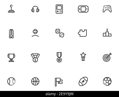 Different game digital and real outline icon isolated on white background. Stock Vector