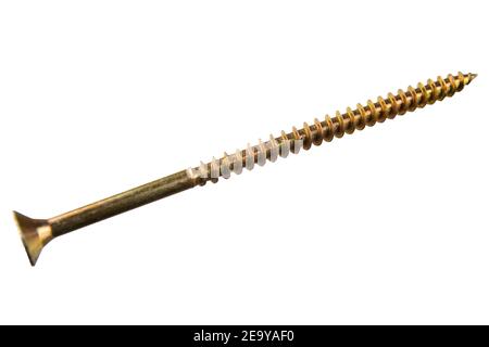 Golden screw isolated on white. Yellow self-tapping screw on white background Stock Photo