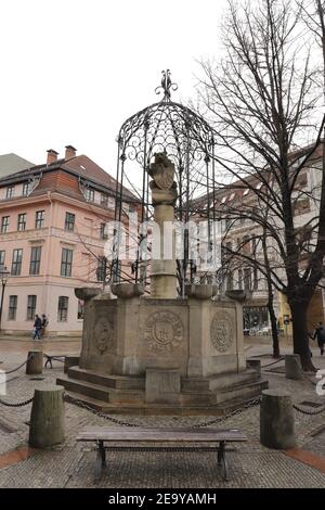 GERMANY, BERLIN, MARCH 03, 2019: Wappenbrunnen in Nikolai Quarter in Berlin Stock Photo