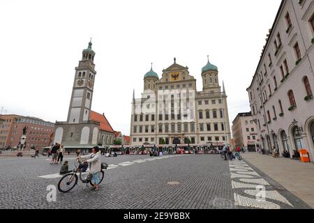 GERMANY, AUGSBURG - AUGUST 17, 2019: Market Place with Town Hall, Perlachturm and Augustus Fountain Stock Photo