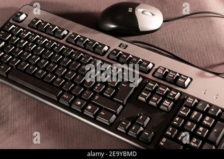 Dusty keyboard and mouse from hp brand home working and home schooling concept gear. Home working psychology in covid19 times. Stock Photo