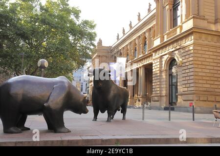 GERMANY, FRANKFURT AM MAIN - AUGUST 31, 2019: Bull and Bear statue in front of the Frankfurt Stock Exchange Stock Photo