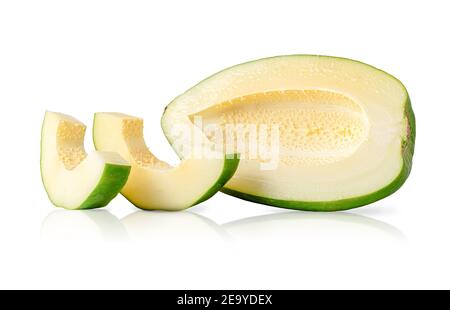 Green papaya without seeds isolated with clipping path on white background. Vegetarian food concept Stock Photo