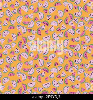 pink watermelon slices seamless vector pattern on yellow Stock Vector