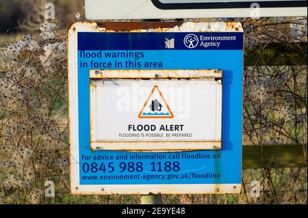 Cookham, Berkshire, UK. 6th February, 2021. A Flood Alert remains in force along the stretch of the River Thames from Hurley to Cookham. The Pound across Cookham Moor flooded earlier this week and remains closed to traffic following flooding. The flood water levels have lessened, however, further rain is expected overnight together with possible snow and the Environment Agency are closely monitoring the situation. Credit: Maureen McLean/Alamy Live News Stock Photo