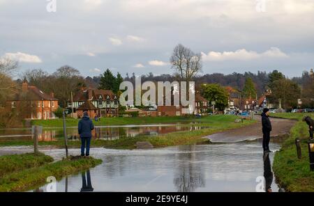 Cookham, Berkshire, UK. 6th February, 2021. A Flood Alert remains in force along the stretch of the River Thames from Hurley to Cookham. The Pound across Cookham Moor flooded earlier this week and remains closed to traffic following flooding. The flood water levels have lessened, however, further rain is expected overnight together with possible snow and the Environment Agency are closely monitoring the situation. Credit: Maureen McLean/Alamy Live News Stock Photo