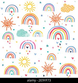 Clouds rainbows love hearts pattern Stock Vector