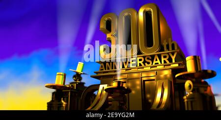 300th anniversary in thick letters on a large golden antique style building illuminated by 6 floodlights with white light on a blue sky at sunset. 3D Stock Photo