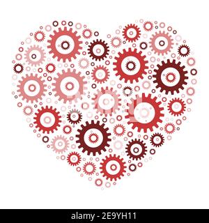 Heart shape mosaic of cog wheels. Looks like clockwork heart or love machine. Illustration in shades of red on white background. Stock Vector