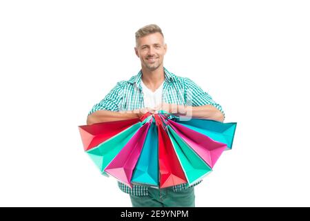 Did not resist temptation. Total sale. Positive man enjoying shopping. Happy man with shopping bags isolated white. Excited guy doing shopping. Shopping happiness. Nice purchase. Gifts for holidays.