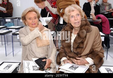 From left to right, First Lady Bernadette Chirac and Mrs Pompidou pictured before the presentation of Lagerfeld's Spring-Summer 2005 Haute-Couture collection for Chanel, in Paris, France, on January 25, 2005. Photo by Klein-Nebinger/ABACA Stock Photo