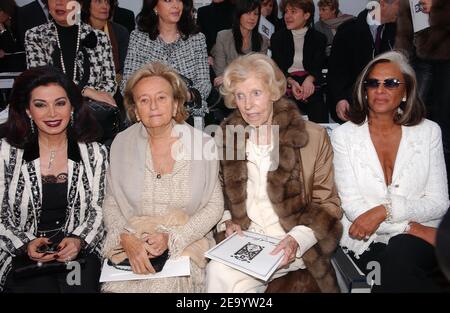 L to R First Lady Bernadette Chirac, Mrs Pompidou and Betty Lagardere pictured before the presentation of Lagerfeld's Spring-Summer 2005 Haute-Couture collection for Chanel, in Paris, France, on January 25, 2005. Photo by Klein-Nebinger/ABACA Stock Photo