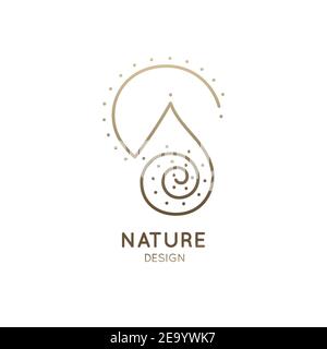 Vector abstract logo of nature. Linear round icon of simple landscape with mountain, river, sun. Minimal logotype for business emblems, badge for Stock Vector