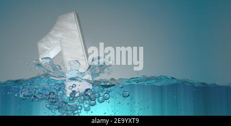 Number 1 in thick letters seen from the front sinking into the water splashing with drops producing bubbles underwater on a blue background. 3D Illust Stock Photo