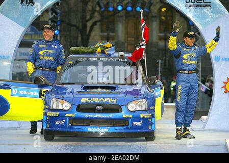 Norwegian driver Petter Solberg, Subaru Impreza WRC winner of the Swedish rally, Sweden. February 13, 2005. Photo by Jean-Marc Pastor/Cameleon/Abaca Stock Photo